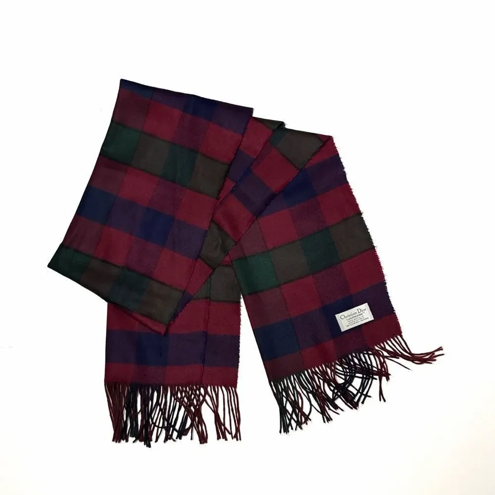Christian Dior Cashmaire Scarf 100% Acrylic Made in Italy Plaid Fringe Vtg 80s